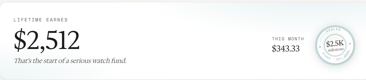 Ethos earnings screenshot showing $2,512 lifetime earned and $343.33 this month